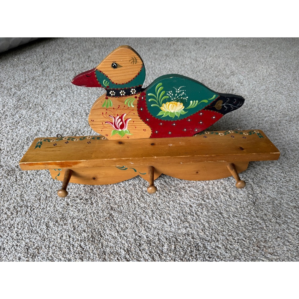 Vintage 1987 J Robson Hand Painted Wooden Duck Wall Shelf 3 Peg Hook Folk Art